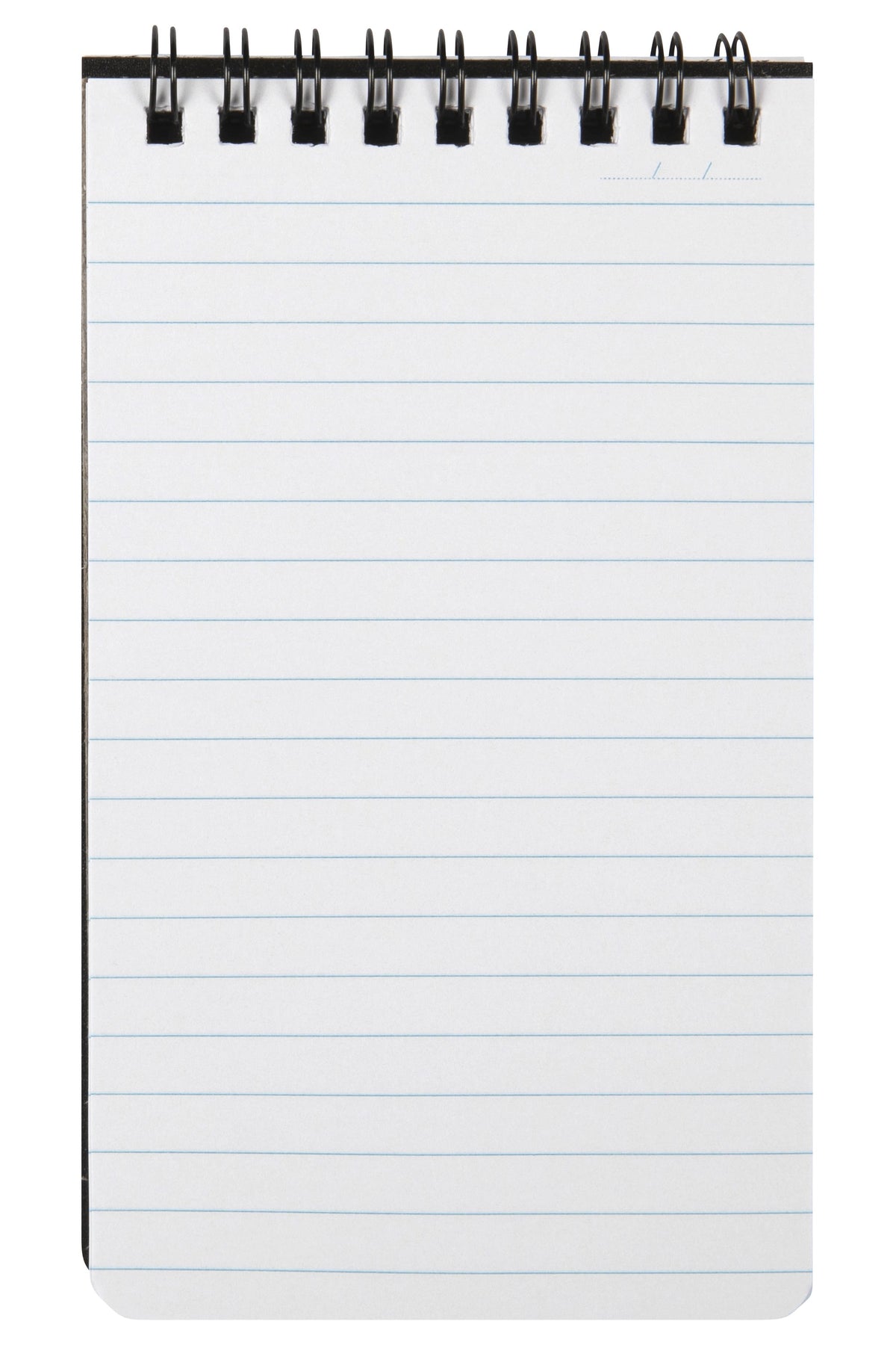 Open Spirax P541 note pad seen from the front, black twin wire across the top and a full page of evenly spaced pale blue ruled lines with a small date line in the top corner