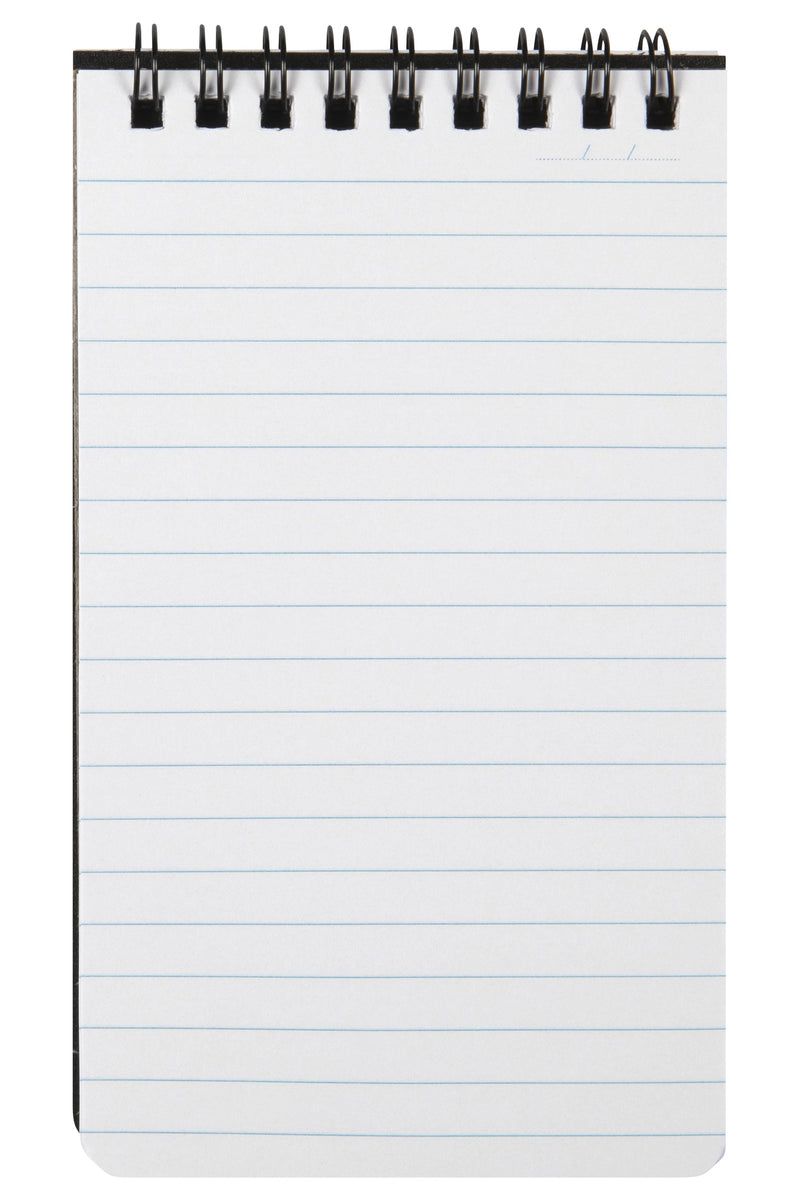 Open Spirax P541 note pad seen from the front, black twin wire across the top and a full page of evenly spaced pale blue ruled lines with a small date line in the top corner