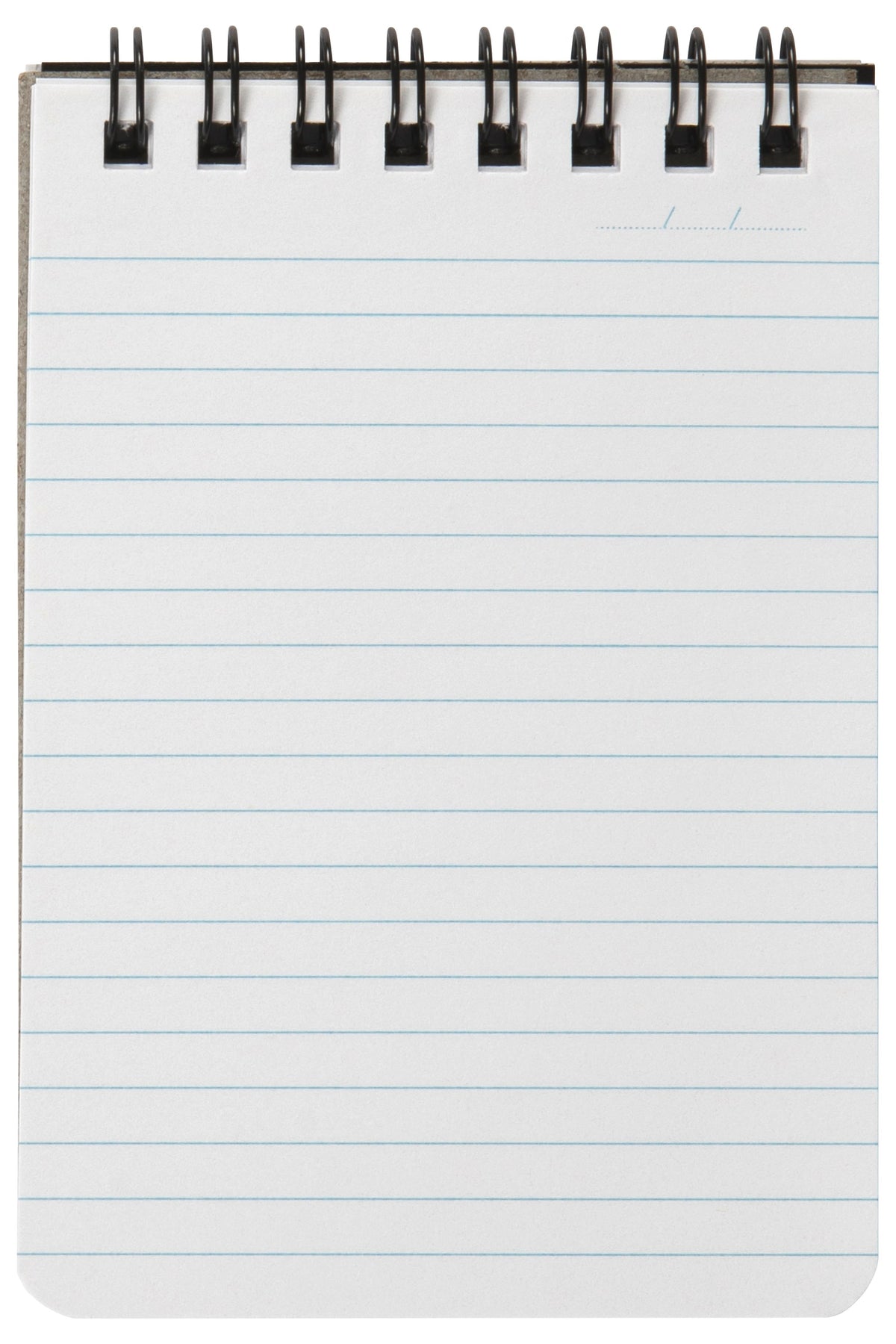 Open Spirax P560 note pad with black twin wire along the top and a full page of close pale blue ruled lines, date line in the top right corner
