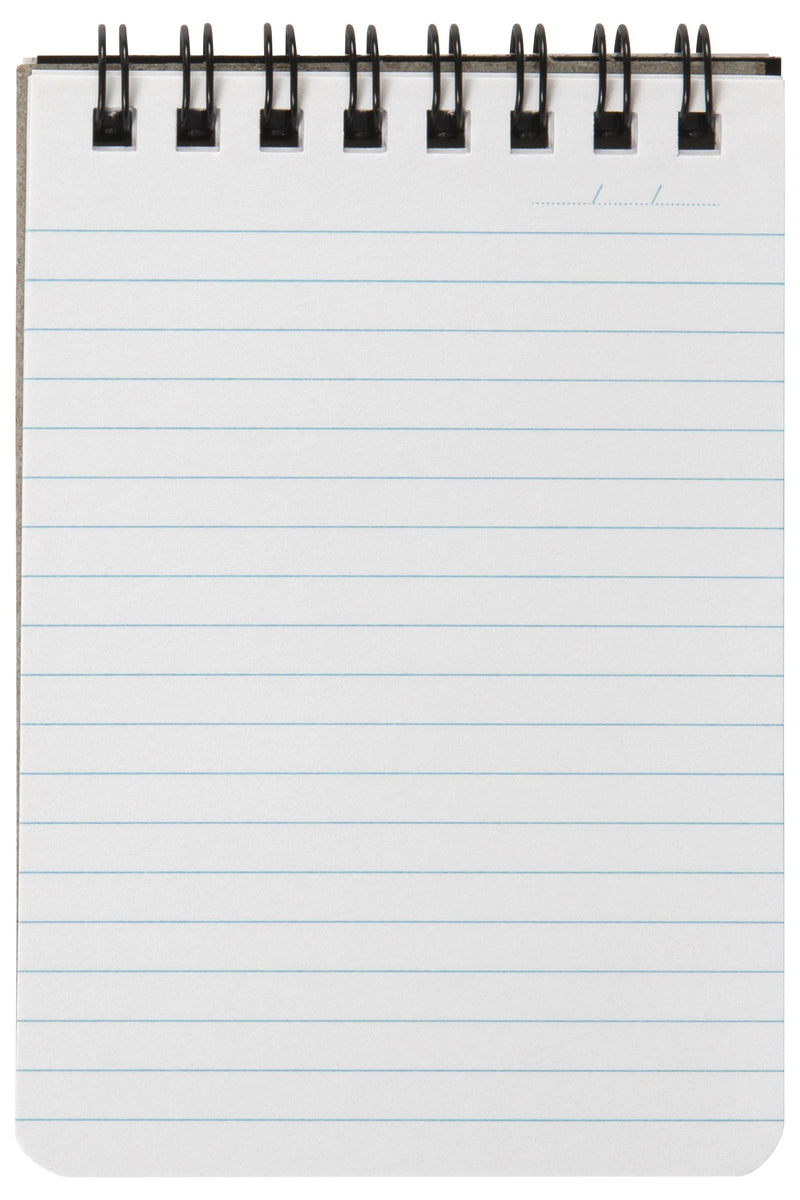 Open Spirax P560 note pad with black twin wire along the top and a full page of close pale blue ruled lines, date line in the top right corner
