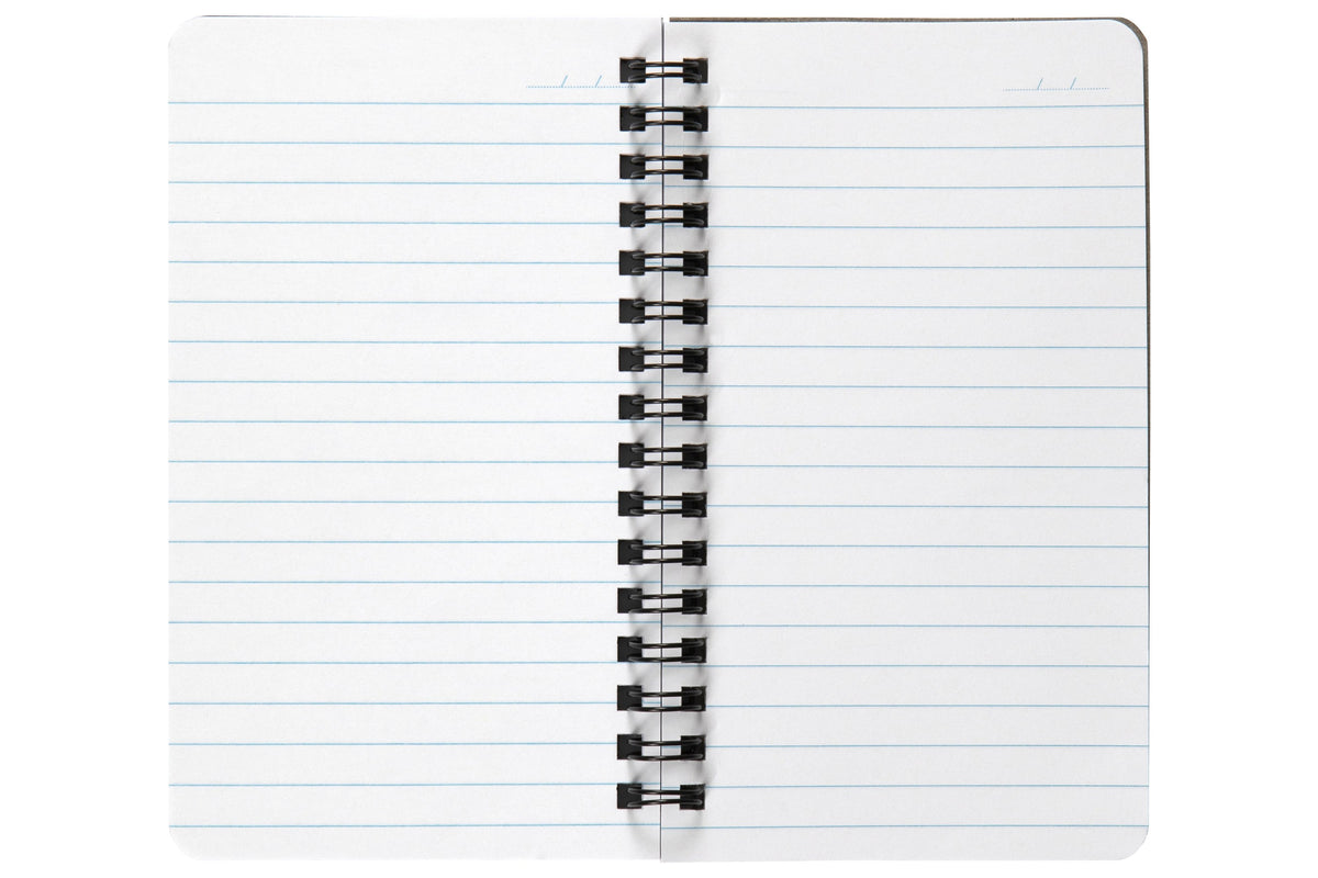 Spirax P561 notebook opened flat on black twin wire down the centre, both pages ruled in pale blue with a date line at the top of each