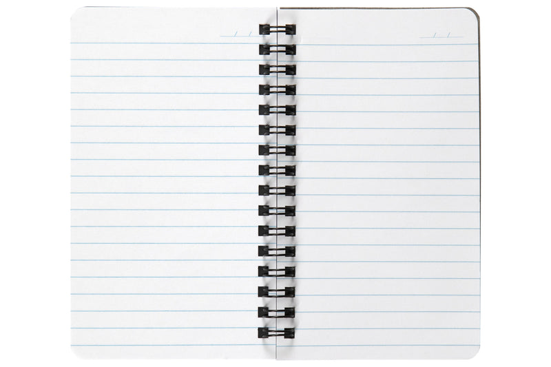 Spirax P561 notebook opened flat on black twin wire down the centre, both pages ruled in pale blue with a date line at the top of each