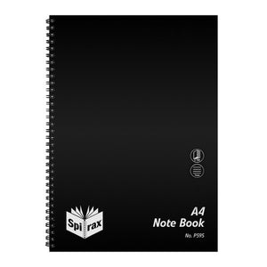Black Spirax P595 A4 note book with twin wire binding down the left side and small silver icons showing 120 pages and 7mm ruling