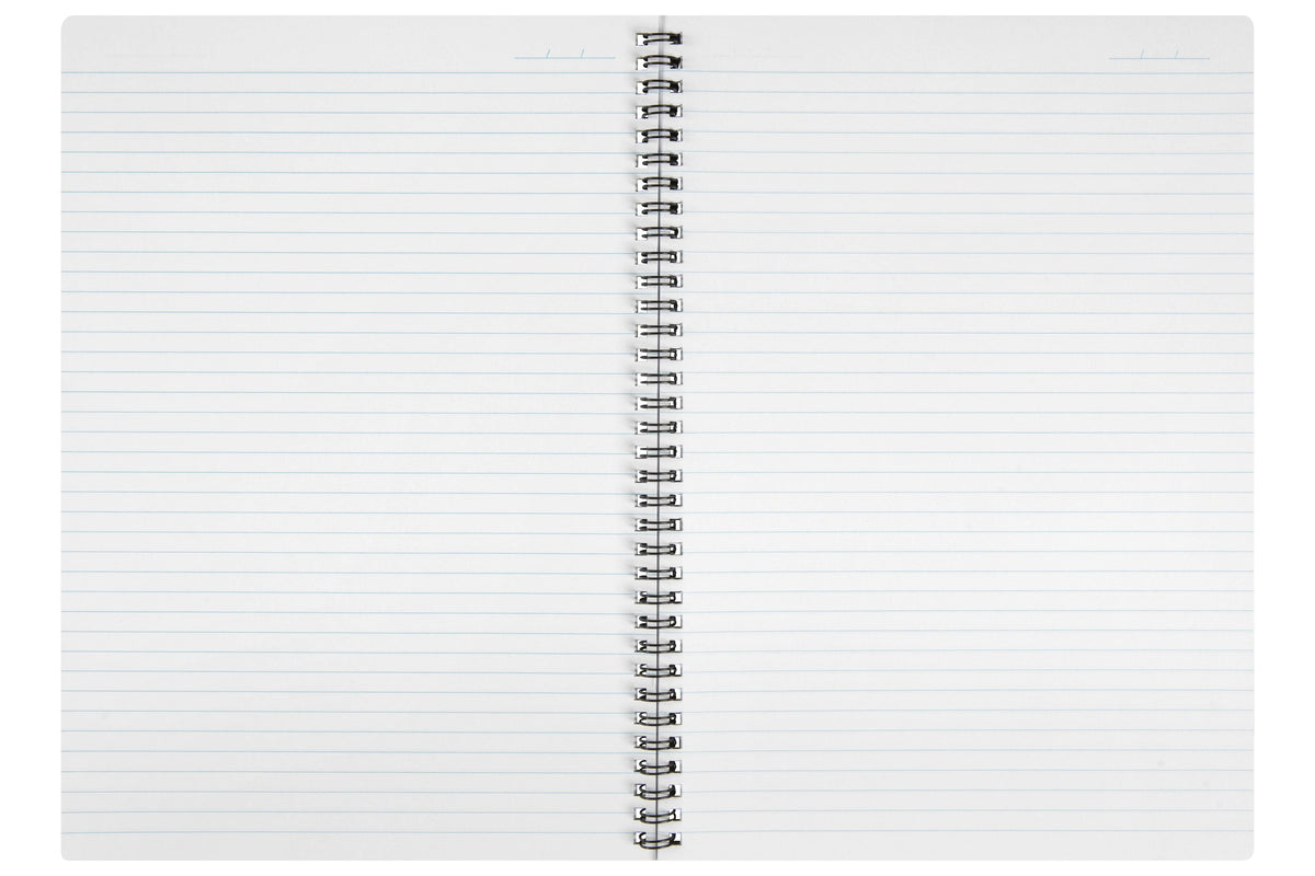 Spirax P595 A4 notebook opened flat on its black twin wire binding to show two facing pages of pale blue ruled lines with no margin, a short date line at the top right of each page and small printed corner marks