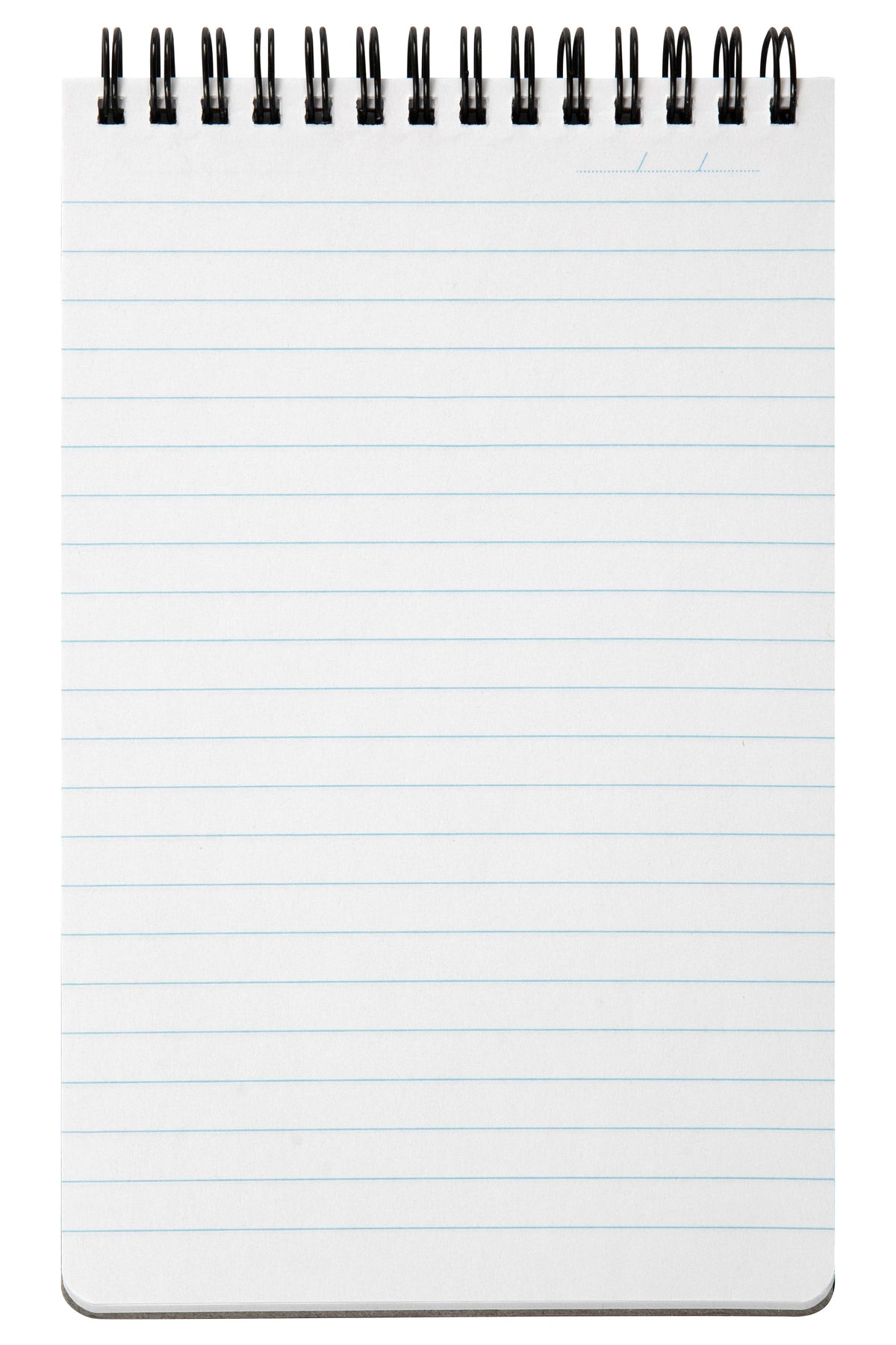 Spirax P563A reporters note pad opened to a full page of pale blue ruled lines, black twin wire across the top and a date line in the top corner