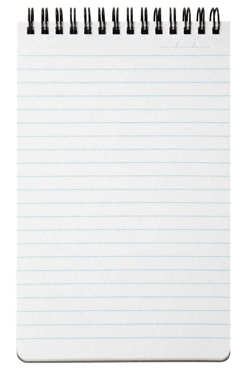 Spirax P563A reporters note pad opened to a full page of pale blue ruled lines, black twin wire across the top and a date line in the top corner