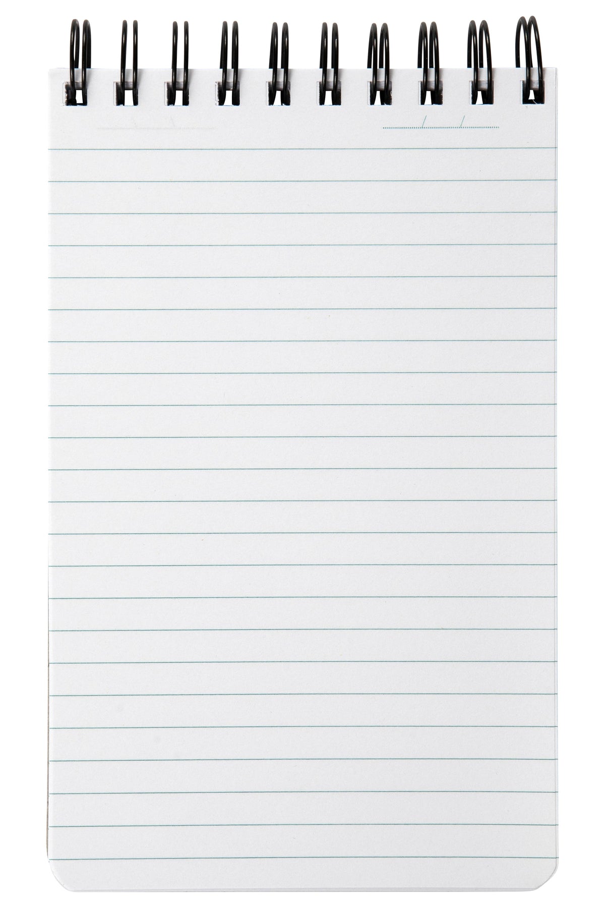 Spirax P563B reporters note pad opened to a page of pale blue ruled lines, heavy black twin wire across the top and a date line in the top corner