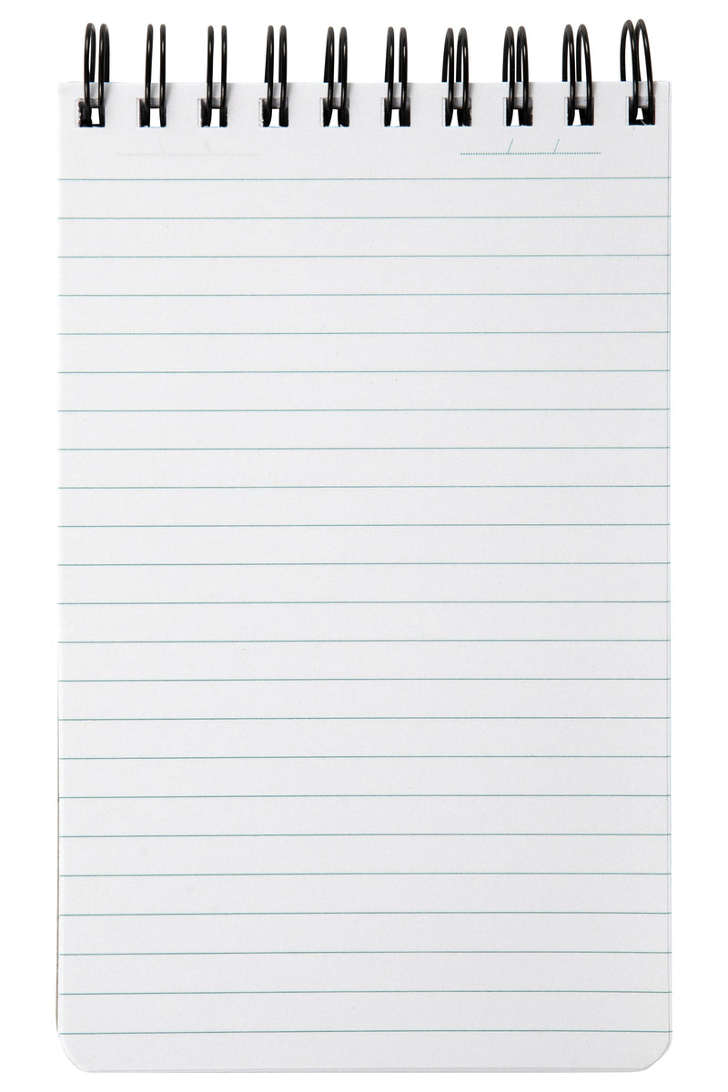 Spirax P563B reporters note pad opened to a page of pale blue ruled lines, heavy black twin wire across the top and a date line in the top corner