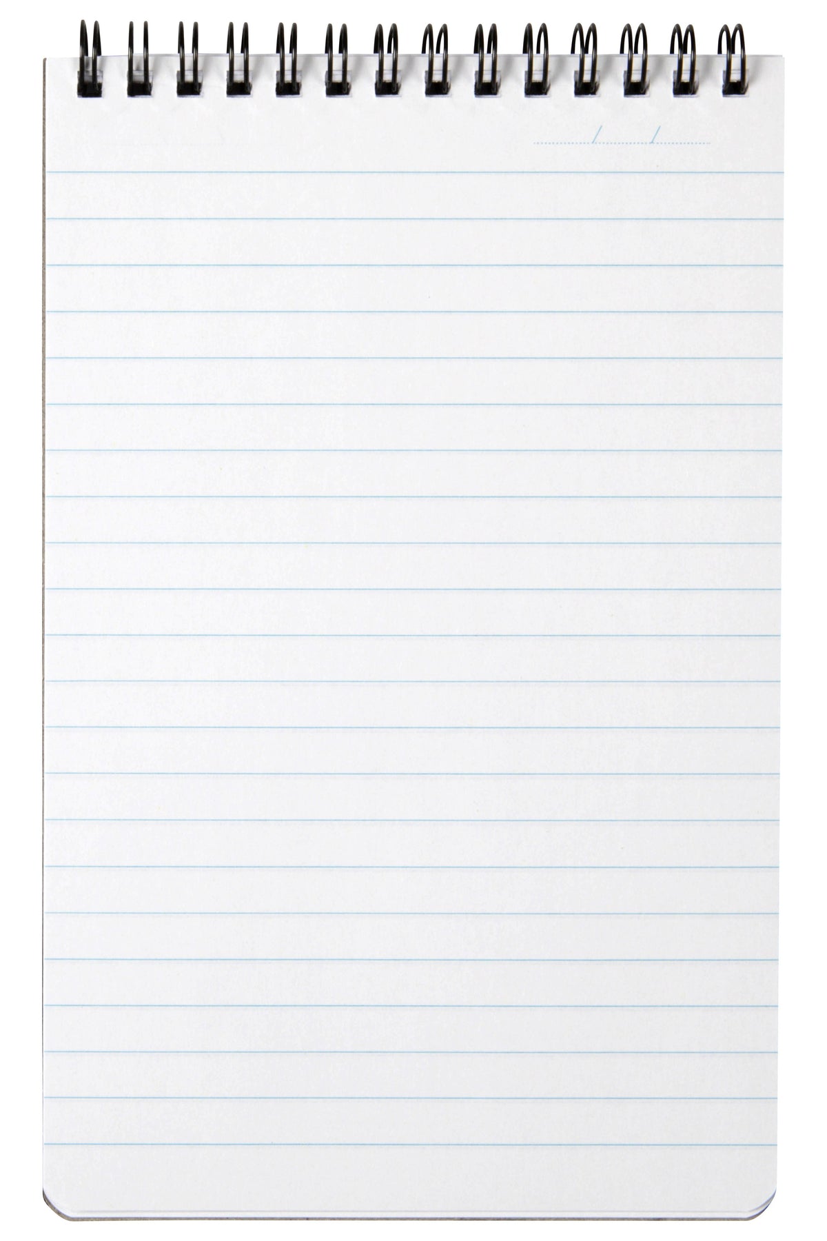 Spirax P563 reporters note pad opened to a full page of pale blue ruled lines, black twin wire across the top edge and a date line in the corner