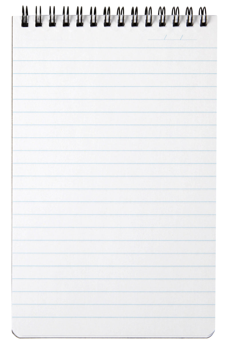 Spirax P563 reporters note pad opened to a full page of pale blue ruled lines, black twin wire across the top edge and a date line in the corner