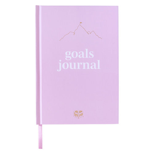 Spirax Platinum goals journal in a blush A5 hardcover with a gold line drawn mountain and flag above the words goals journal