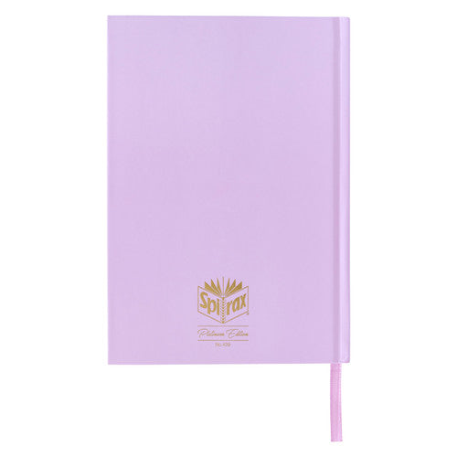 Back of the blush Spirax goals journal hardcover with a small gold Spirax Platinum Edition crest and pink ribbon bookmark