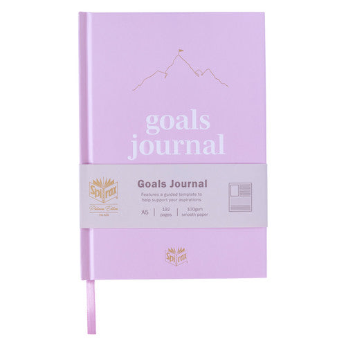 Blush Spirax goals journal in its paper band reading Goals Journal, a guided template to help support your aspirations, A5, 192 pages
