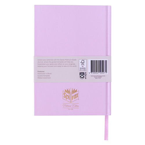 Back band of the blush Spirax goals journal listing hardcover in blush, guided template and ribbon bookmark next to the barcode