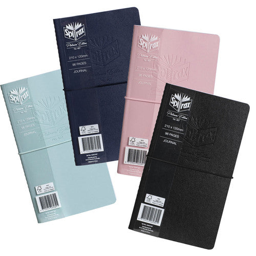 Four Spirax Platinum 407 soft cover journals in pale blue, navy, pink and black, each with a Platinum Edition band and elastic closure