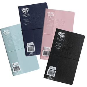 Four Spirax Platinum 407 soft cover journals in pale blue, navy, pink and black, each with a Platinum Edition band and elastic closure
