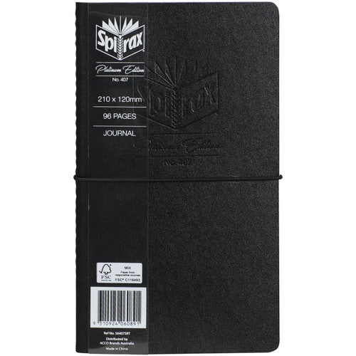 Black Spirax Platinum 407 journal with an embossed Spirax logo, elastic band and a front band printed 210 x 120mm, 96 pages, journal