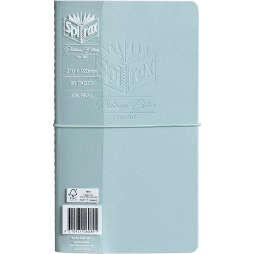 Pale blue Spirax Platinum 407 journal with a matching elastic band and a Platinum Edition band printed with its size and page count