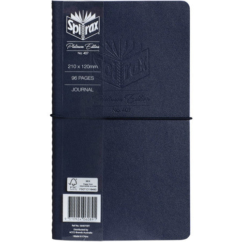 Navy Spirax Platinum 407 journal with a black elastic band and a Platinum Edition band printed 210 x 120mm and 96 pages