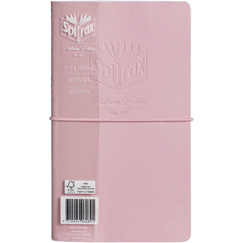 Pink Spirax Platinum 407 journal with a matching elastic band and an embossed Spirax logo under the Platinum Edition band