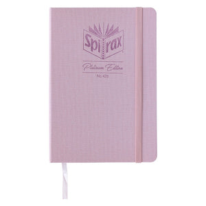 Spirax Platinum 428 A5 journal in Flamingo pink linen-look with an embossed Spirax Platinum Edition logo, matching elastic and ribbon