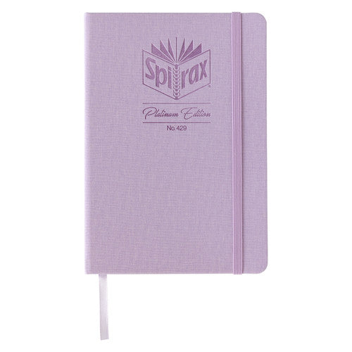 Spirax Platinum 429 A5 journal in Iris lilac linen-look, embossed with the Spirax Platinum Edition logo, with lilac elastic and ribbon