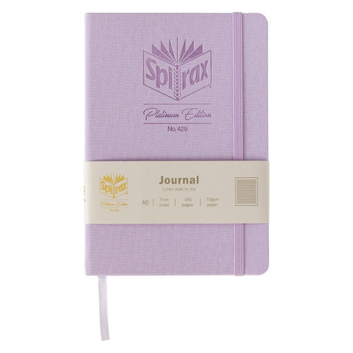Iris Spirax Platinum journal wearing its front band marked Journal, Linen-look in Iris, A5, 7mm ruled, 160 pages and 70gsm paper