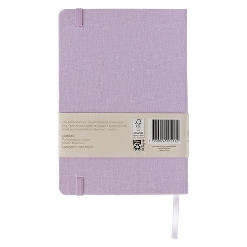Rear view of the Iris Spirax Platinum journal with a band listing its elastic closure, ribbon bookmark and expandable inner pocket