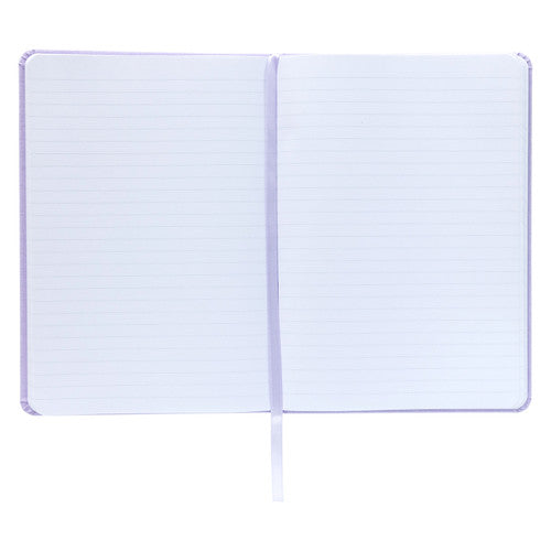 Iris Spirax Platinum journal opened flat to show 7mm ruled pages on both sides with a lilac ribbon marker