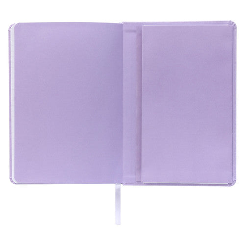 Iris Spirax Platinum journal opened at the back to show the lilac expandable pocket fixed inside the rear cover