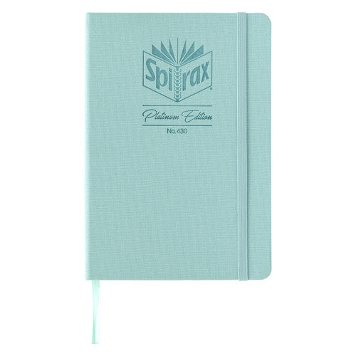 Spirax Platinum 430 A5 journal in Sage mint green linen-look with a tone on tone embossed logo, green elastic and ribbon