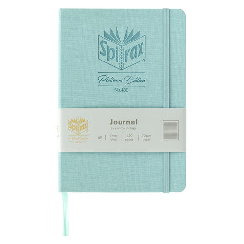 Sage Spirax Platinum journal with a front band reading Journal, Linen-look in Sage, A5, 7mm ruled, 160 pages, 70gsm paper
