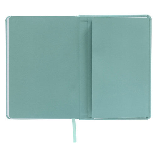Open back of the Sage Spirax Platinum journal showing the green expandable pocket attached inside the rear cover