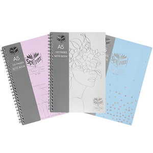 Three Spirax Platinum A5 notebooks fanned out in lilac, white and pale blue covers, each with a grey band printed A5, 120 pages, note book and twin wire binding