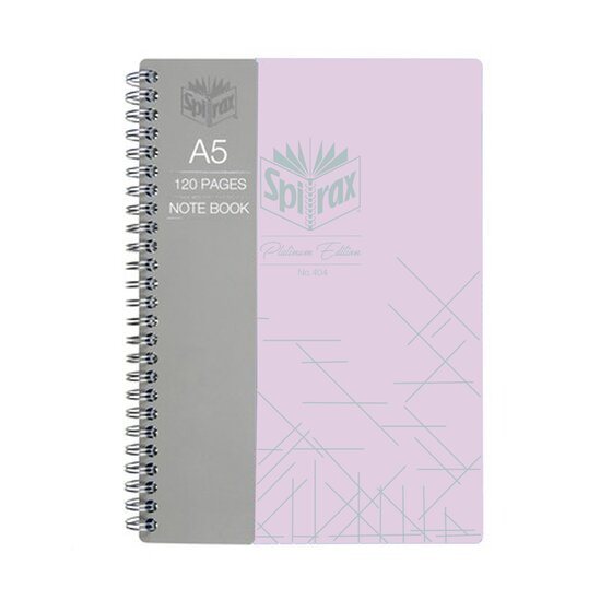 Spirax Platinum 404 A5 notebook with a lilac pink cover, fine silver geometric lines, a grey band printed A5 120 pages and twin wire down the left edge