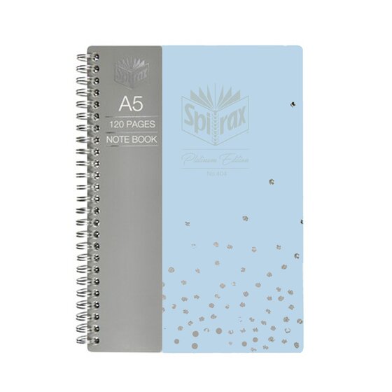 Spirax Platinum 404 A5 notebook with a pale blue cover scattered with silver dots, a grey printed band and twin wire binding on the left
