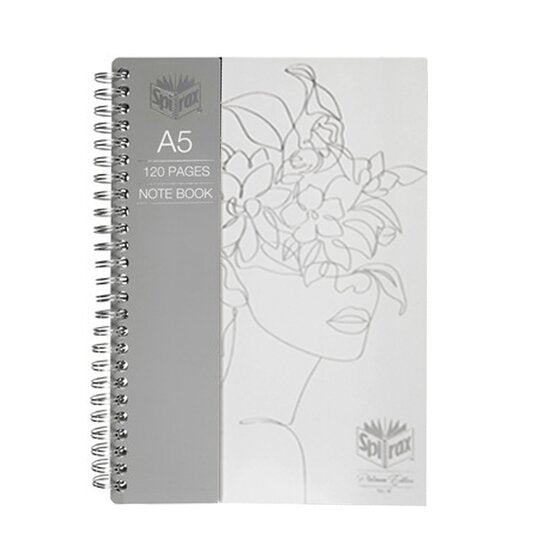 Spirax Platinum 404 A5 notebook with a white cover showing a line drawing of a face framed by flowers, a grey printed band and twin wire binding