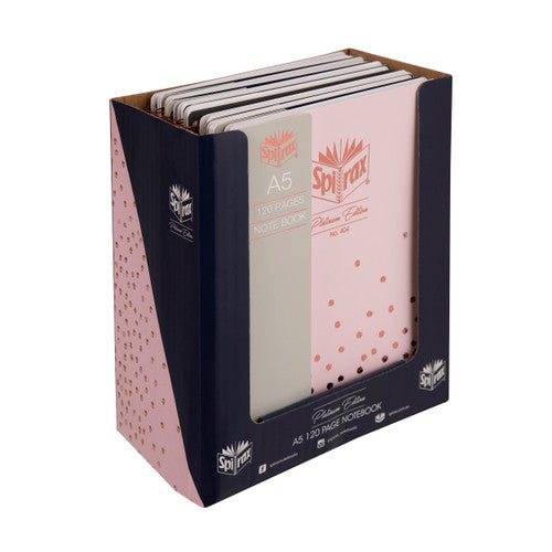 Counter display box printed A5 120 page notebook and Platinum Edition, holding upright pink Spirax Platinum notebooks