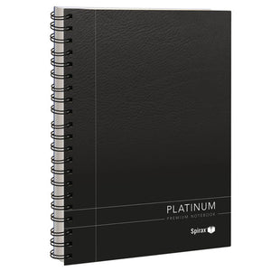 Spirax Platinum premium notebook with a black leather look cover, silver lines, Platinum Premium Notebook wording and twin wire down the left side
