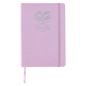 Spirax Platinum Premium 432 A5 journal in Rose faux leather with a silver foil Spirax logo, pink elastic closure and ribbon