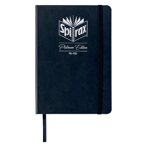 Spirax Platinum Edition No. 435 A5 premium journal in jet black faux leather with a silver foil crest, black elastic band and ribbon