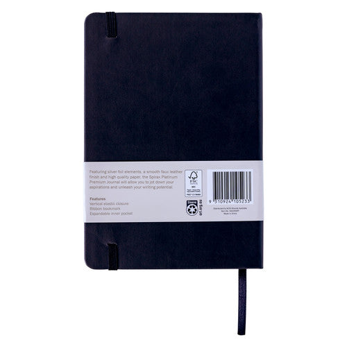 Back of the jet Spirax premium journal with the band listing vertical elastic closure, ribbon bookmark, expandable inner pocket and a barcode