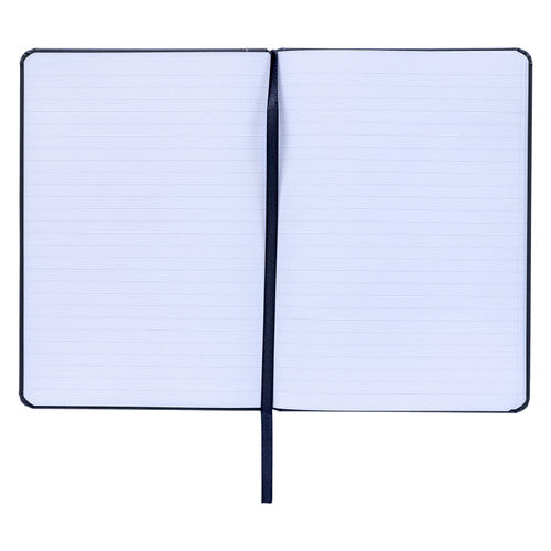 Jet black Spirax A5 journal open across two pages of 7mm ruled lines with a black ribbon marker down the middle