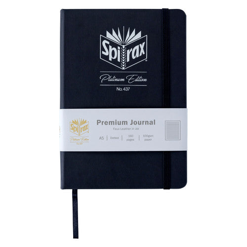 Jet Spirax dotted journal with the paper band reading Premium Journal, Faux Leather in Jet, A5, Dotted, 160 pages, 100gsm paper