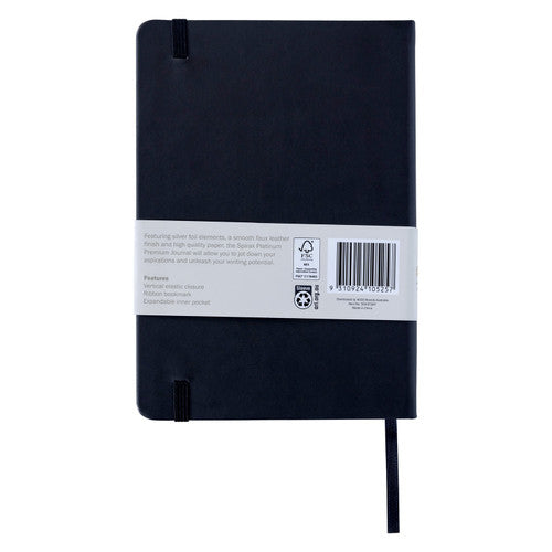 Back of the jet Spirax dotted journal showing the band text, barcode and the features vertical elastic closure, ribbon and pocket