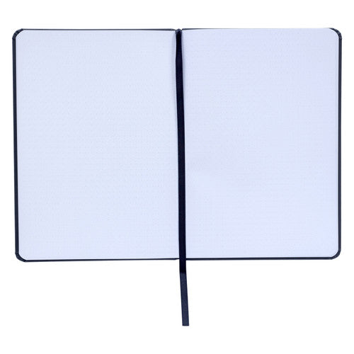 Jet Spirax A5 journal lying open on two pages of dot grid paper with a black ribbon bookmark down the centre