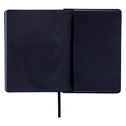 Jet black Spirax journal opened at the back cover to show the black expandable pocket inside