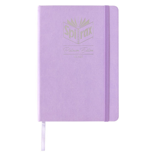 Spirax Platinum Edition No. 436 A5 dotted journal in lilac faux leather with a silver foil crest, lilac elastic strap and ribbon marker