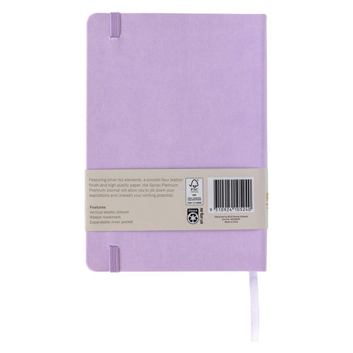Back of the lilac Spirax dotted journal with the paper band, barcode and a features list of elastic closure, ribbon and inner pocket