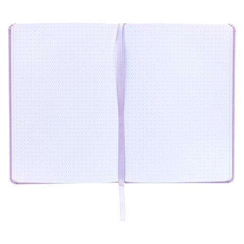 Lilac Spirax dotted journal open flat on two pages of fine dot grid with the lilac ribbon marker hanging below